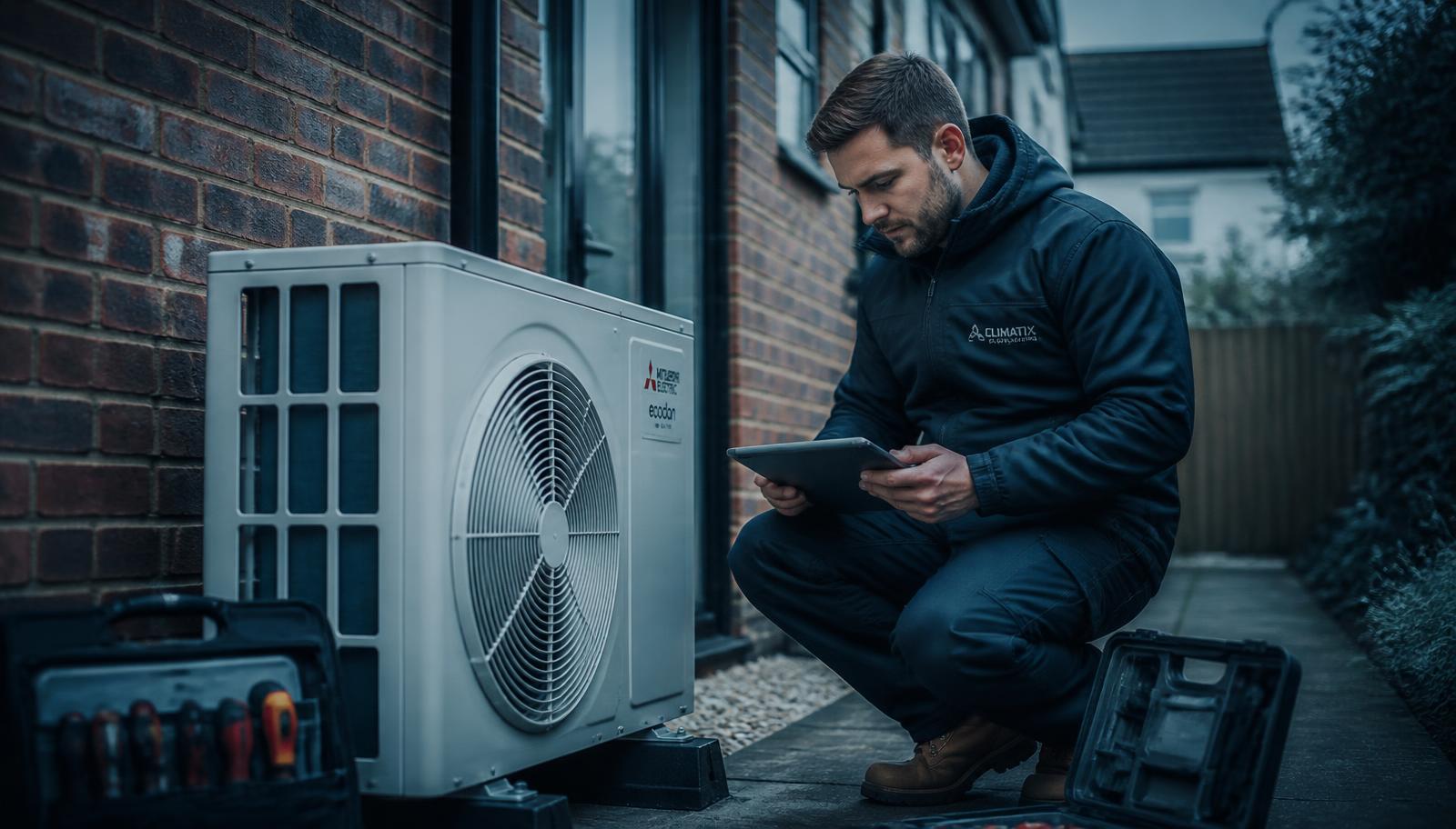 HVAC engineer using a tablet on site